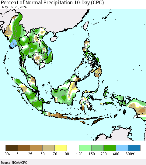 South East Asia Percent of Normal Precipitation 10-Day (CPC) Thematic Map For 5/16/2024 - 5/25/2024