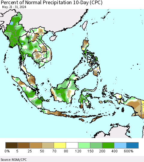 South East Asia Percent of Normal Precipitation 10-Day (CPC) Thematic Map For 5/21/2024 - 5/31/2024