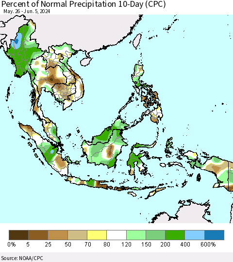 South East Asia Percent of Normal Precipitation 10-Day (CPC) Thematic Map For 5/26/2024 - 6/5/2024