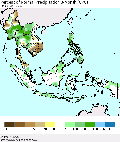 South East Asia Percent of Normal Precipitation 3-Month (CPC) Thematic Map For 1/6/2021 - 4/5/2021
