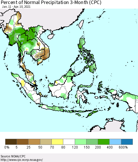 South East Asia Percent of Normal Precipitation 3-Month (CPC) Thematic Map For 1/11/2021 - 4/10/2021