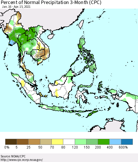 South East Asia Percent of Normal Precipitation 3-Month (CPC) Thematic Map For 1/16/2021 - 4/15/2021