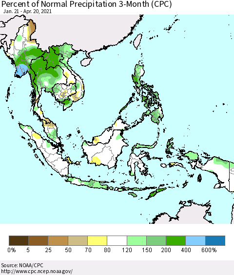 South East Asia Percent of Normal Precipitation 3-Month (CPC) Thematic Map For 1/21/2021 - 4/20/2021