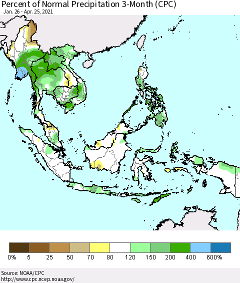 South East Asia Percent of Normal Precipitation 3-Month (CPC) Thematic Map For 1/26/2021 - 4/25/2021