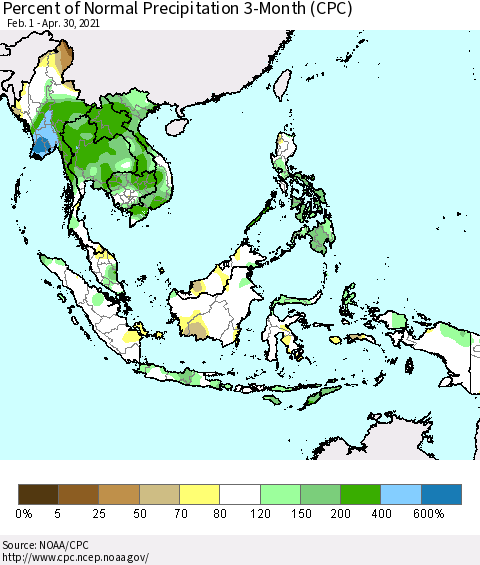 South East Asia Percent of Normal Precipitation 3-Month (CPC) Thematic Map For 2/1/2021 - 4/30/2021
