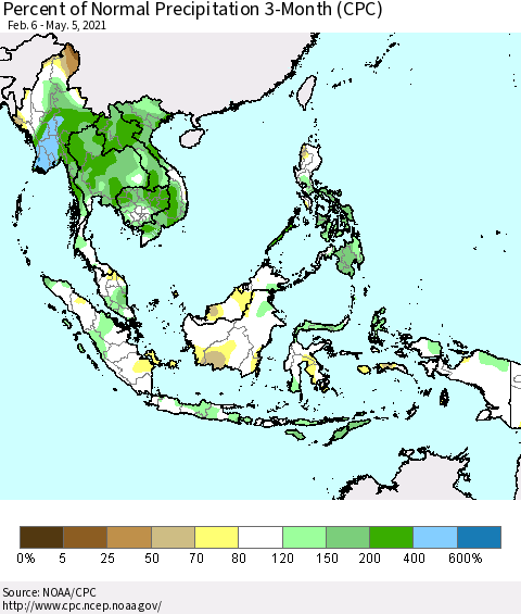 South East Asia Percent of Normal Precipitation 3-Month (CPC) Thematic Map For 2/6/2021 - 5/5/2021