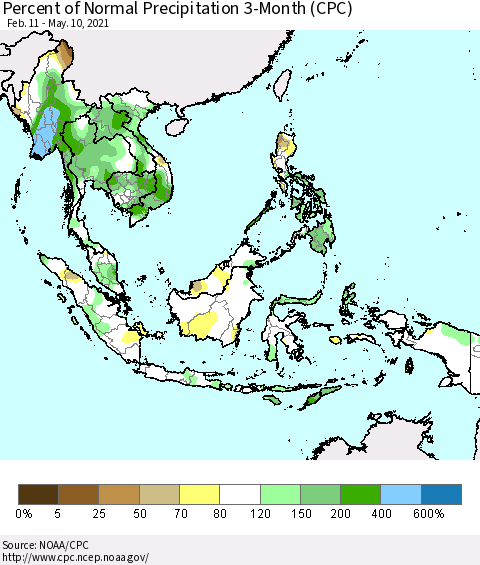 South East Asia Percent of Normal Precipitation 3-Month (CPC) Thematic Map For 2/11/2021 - 5/10/2021