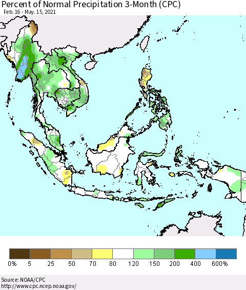 South East Asia Percent of Normal Precipitation 3-Month (CPC) Thematic Map For 2/16/2021 - 5/15/2021