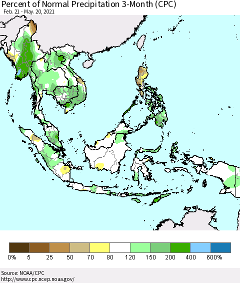 South East Asia Percent of Normal Precipitation 3-Month (CPC) Thematic Map For 2/21/2021 - 5/20/2021