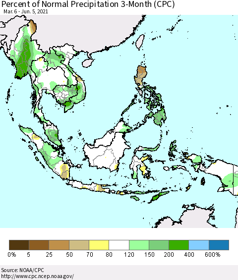 South East Asia Percent of Normal Precipitation 3-Month (CPC) Thematic Map For 3/6/2021 - 6/5/2021