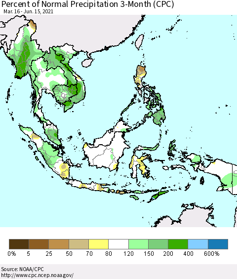 South East Asia Percent of Normal Precipitation 3-Month (CPC) Thematic Map For 3/16/2021 - 6/15/2021