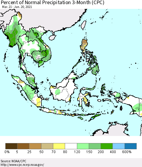 South East Asia Percent of Normal Precipitation 3-Month (CPC) Thematic Map For 3/21/2021 - 6/20/2021