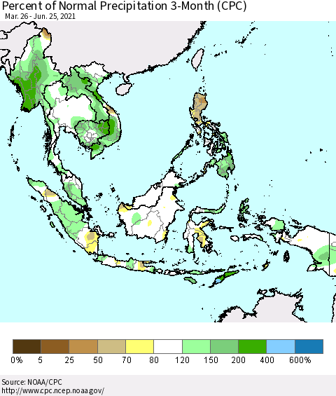 South East Asia Percent of Normal Precipitation 3-Month (CPC) Thematic Map For 3/26/2021 - 6/25/2021