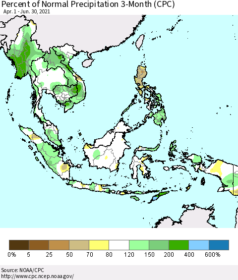 South East Asia Percent of Normal Precipitation 3-Month (CPC) Thematic Map For 4/1/2021 - 6/30/2021