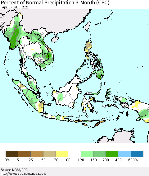 South East Asia Percent of Normal Precipitation 3-Month (CPC) Thematic Map For 4/6/2021 - 7/5/2021