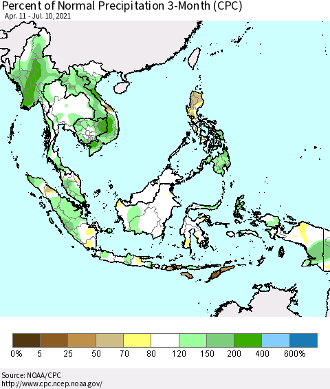 South East Asia Percent of Normal Precipitation 3-Month (CPC) Thematic Map For 4/11/2021 - 7/10/2021