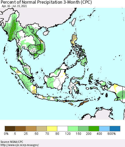 South East Asia Percent of Normal Precipitation 3-Month (CPC) Thematic Map For 4/16/2021 - 7/15/2021
