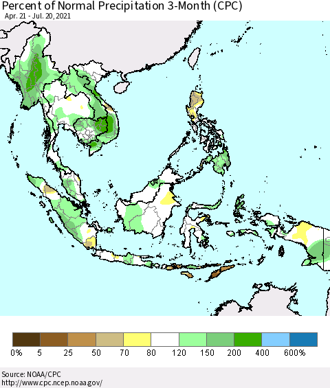 South East Asia Percent of Normal Precipitation 3-Month (CPC) Thematic Map For 4/21/2021 - 7/20/2021