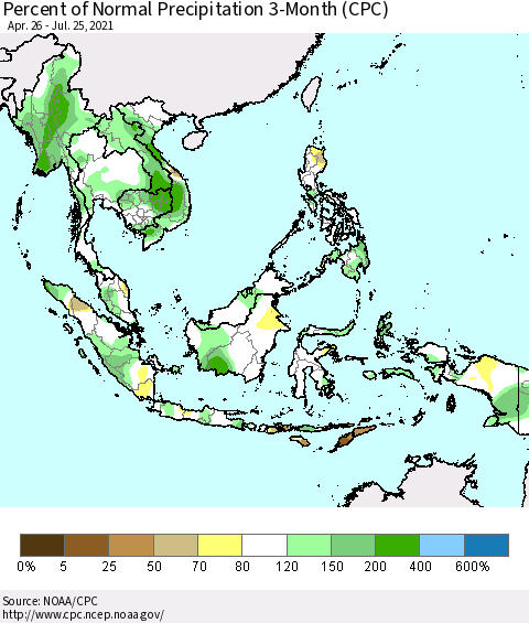 South East Asia Percent of Normal Precipitation 3-Month (CPC) Thematic Map For 4/26/2021 - 7/25/2021
