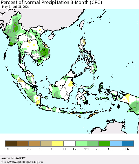 South East Asia Percent of Normal Precipitation 3-Month (CPC) Thematic Map For 5/1/2021 - 7/31/2021