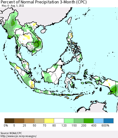 South East Asia Percent of Normal Precipitation 3-Month (CPC) Thematic Map For 5/6/2021 - 8/5/2021