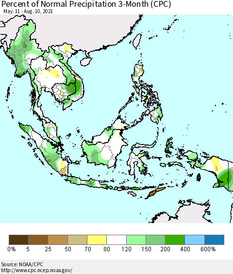 South East Asia Percent of Normal Precipitation 3-Month (CPC) Thematic Map For 5/11/2021 - 8/10/2021