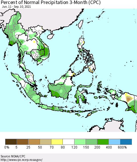 South East Asia Percent of Normal Precipitation 3-Month (CPC) Thematic Map For 6/11/2021 - 9/10/2021