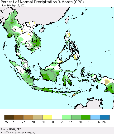 South East Asia Percent of Normal Precipitation 3-Month (CPC) Thematic Map For 6/16/2021 - 9/15/2021