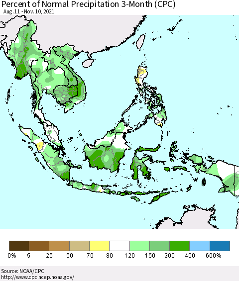 South East Asia Percent of Normal Precipitation 3-Month (CPC) Thematic Map For 8/11/2021 - 11/10/2021