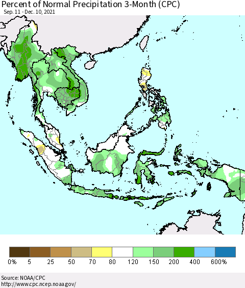 South East Asia Percent of Normal Precipitation 3-Month (CPC) Thematic Map For 9/11/2021 - 12/10/2021