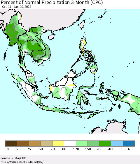 South East Asia Percent of Normal Precipitation 3-Month (CPC) Thematic Map For 10/11/2021 - 1/10/2022