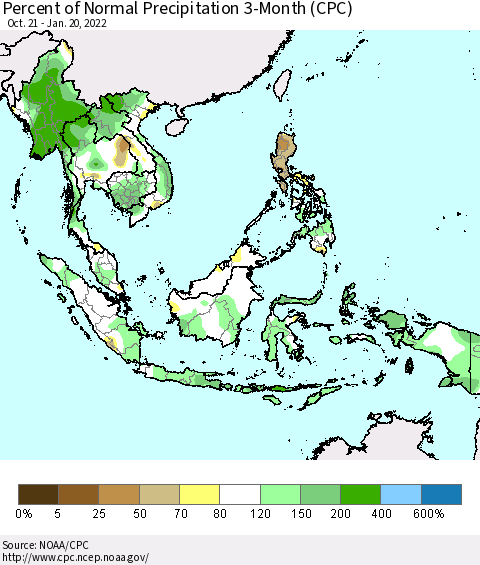 South East Asia Percent of Normal Precipitation 3-Month (CPC) Thematic Map For 10/21/2021 - 1/20/2022