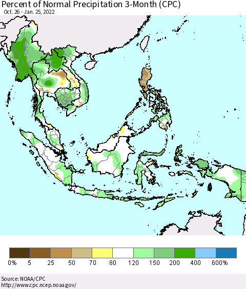 South East Asia Percent of Normal Precipitation 3-Month (CPC) Thematic Map For 10/26/2021 - 1/25/2022