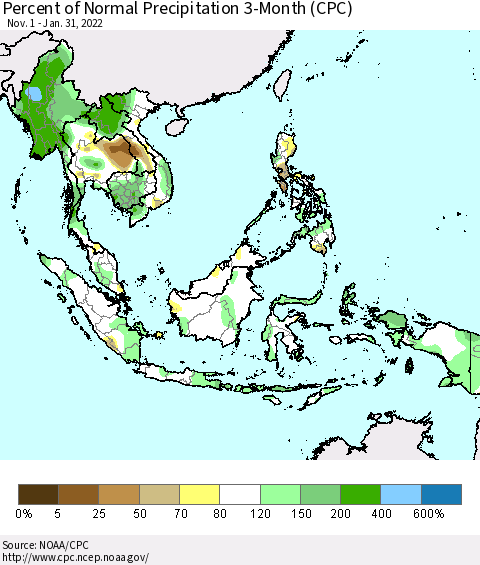 South East Asia Percent of Normal Precipitation 3-Month (CPC) Thematic Map For 11/1/2021 - 1/31/2022