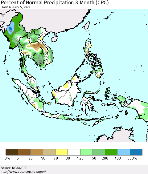 South East Asia Percent of Normal Precipitation 3-Month (CPC) Thematic Map For 11/6/2021 - 2/5/2022
