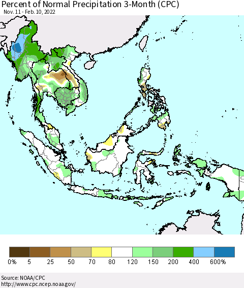 South East Asia Percent of Normal Precipitation 3-Month (CPC) Thematic Map For 11/11/2021 - 2/10/2022