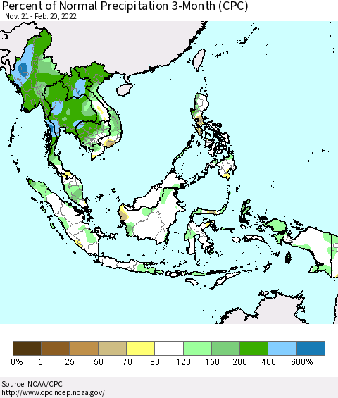 South East Asia Percent of Normal Precipitation 3-Month (CPC) Thematic Map For 11/21/2021 - 2/20/2022