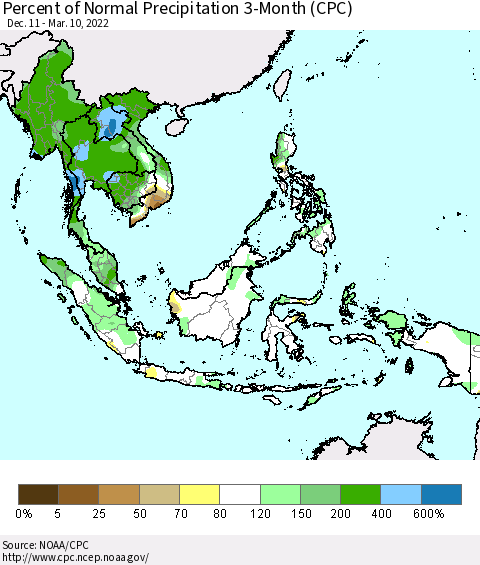 South East Asia Percent of Normal Precipitation 3-Month (CPC) Thematic Map For 12/11/2021 - 3/10/2022