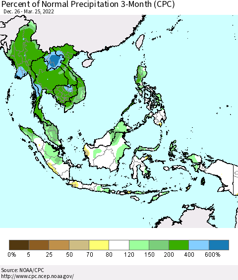 South East Asia Percent of Normal Precipitation 3-Month (CPC) Thematic Map For 12/26/2021 - 3/25/2022