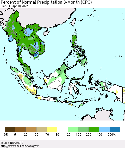 South East Asia Percent of Normal Precipitation 3-Month (CPC) Thematic Map For 1/11/2022 - 4/10/2022