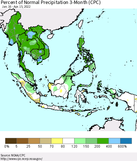 South East Asia Percent of Normal Precipitation 3-Month (CPC) Thematic Map For 1/16/2022 - 4/15/2022