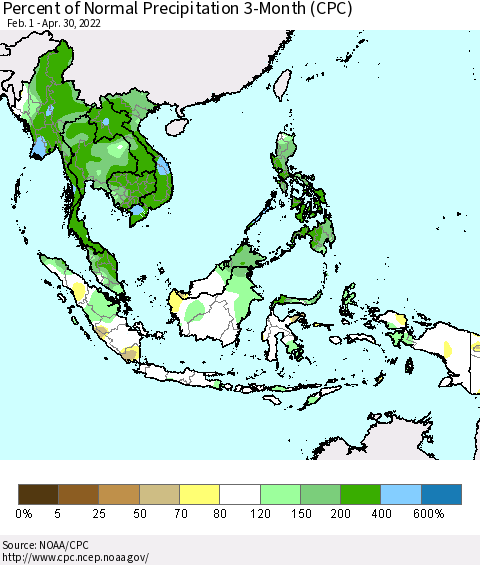 South East Asia Percent of Normal Precipitation 3-Month (CPC) Thematic Map For 2/1/2022 - 4/30/2022