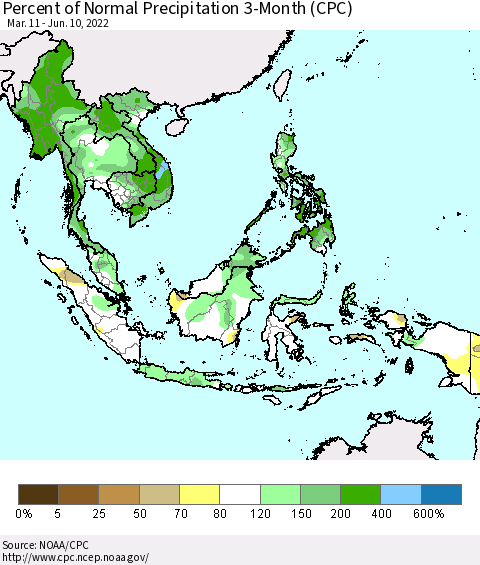 South East Asia Percent of Normal Precipitation 3-Month (CPC) Thematic Map For 3/11/2022 - 6/10/2022