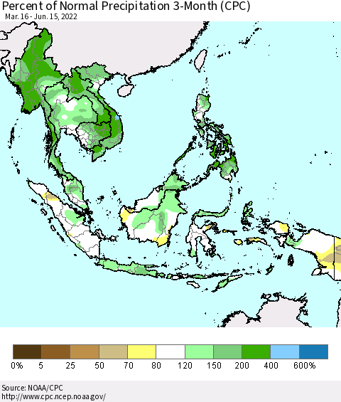 South East Asia Percent of Normal Precipitation 3-Month (CPC) Thematic Map For 3/16/2022 - 6/15/2022