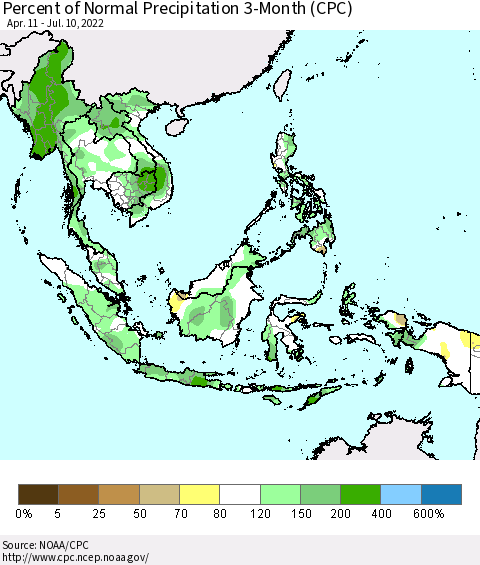 South East Asia Percent of Normal Precipitation 3-Month (CPC) Thematic Map For 4/11/2022 - 7/10/2022