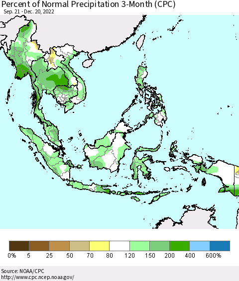 South East Asia Percent of Normal Precipitation 3-Month (CPC) Thematic Map For 9/21/2022 - 12/20/2022