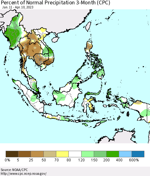 South East Asia Percent of Normal Precipitation 3-Month (CPC) Thematic Map For 1/11/2023 - 4/10/2023