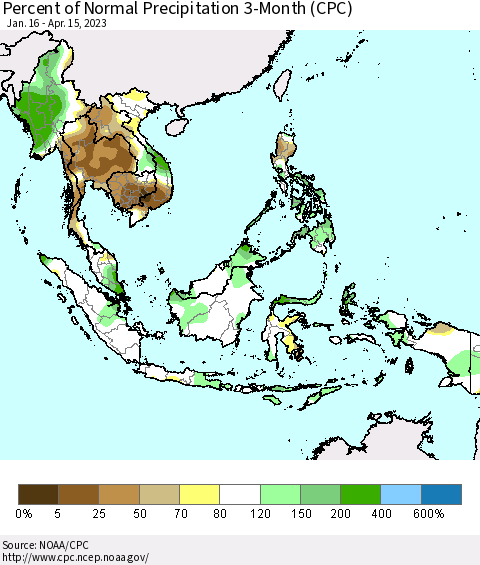 South East Asia Percent of Normal Precipitation 3-Month (CPC) Thematic Map For 1/16/2023 - 4/15/2023