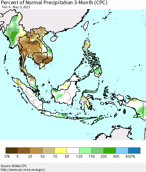 South East Asia Percent of Normal Precipitation 3-Month (CPC) Thematic Map For 2/6/2023 - 5/5/2023
