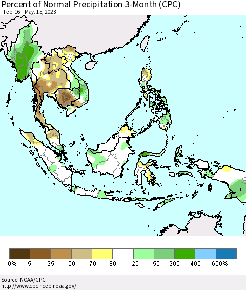 South East Asia Percent of Normal Precipitation 3-Month (CPC) Thematic Map For 2/16/2023 - 5/15/2023